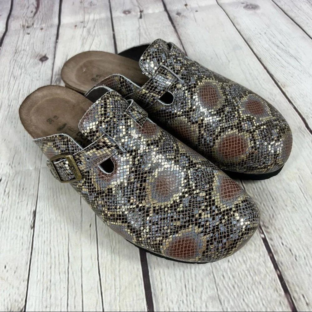 NAOT Elegant Autumn Golden Python Print Leather Slip On Clogs - Picture 11 of 15